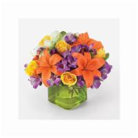 Joyful Blooms · Send this vibrant burst of color with orange lilies, yellow roses and purple alstroemeria in...