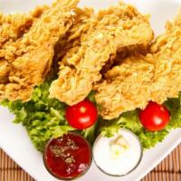 Boneless Chicken Strips · Our crispy boneless fried chicken strips are made with succulent white meat chicken.