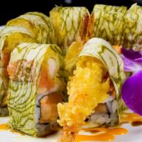Omg Roll · Salmon and lobster salad topped with spicy tuna and shrimp tempura, wrapped in kombu paper.
