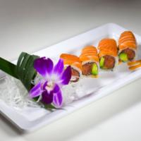 Pink Lady Roll · Spicy tuna and crunchy and avocado inside, top with fresh cut salmon.