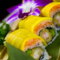 Masa Roll · Shrimp tempura and asparagus inside, outside spicy crab topped with mango.