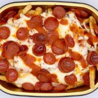 Pizzaroni Fries · oven baked fries with marinara, mozzarella, pepperoni.