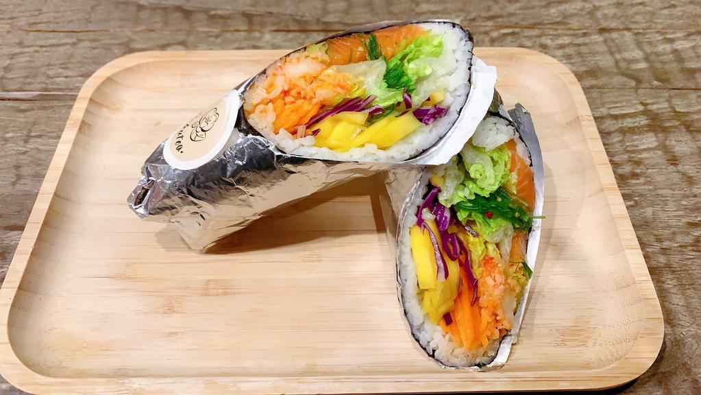 Poke Burrito Small · Choice of one protein, flavored wrap, and sauce. Come with carrots, purple cabbage, cucumber, lettuce, seaweed salad, avocado, furikake, and masago.
