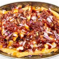 Smokey Fries · Our signature extra crispy fries topped with bacon, onions, mozzarella, cheddar, bbq sauce