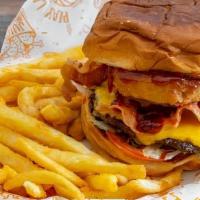 Jersey Burger + Fries · Lettuce, tomatoes, onion rings, bbq sauce, applewood smoked bacon and cheddar cheese and sid...