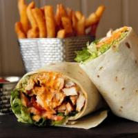 Chipotle Chicken Wrap (-) · Grilled chicken, Romaine, tomatoes, Provolone, chipotle mayo and side of fries.
