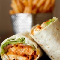 Buffalo Chicken Wrap · Crispy chicken, Buffalo sauce, lettuce, tomato and ranch and served with fries.