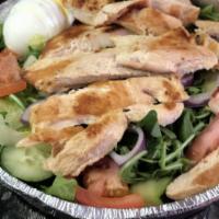 Cobb Salad · 588 calories. Mixed greens, grilled chicken, bacon, tomato, avocado, cucumbers, red onions, ...