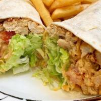 Buffalo Chicken Wrap · Breaded chicken, romaine, tomato, blue cheese. Served with French fries
