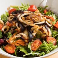 Calamari Salad · Char-grilled fresh calamari, tomato, red onions, parsley and mix green salad, tossed with ol...