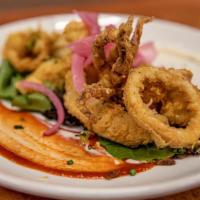 Calamari Medley · Lightly battered calamari, fish, and shrimp with housemade pickled onion, citrus aioli, srir...