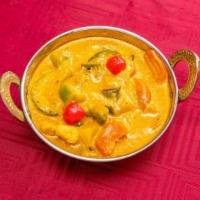 Navrattan Korma · Veg korma. Vegetarian. Assorted vegetables cooked with fruit cocktails in a rich almond crea...