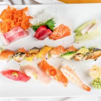 Sushi Sashimi Combo · Eight pieces sashimi, four pieces sushi and half spicy tuna and half California roll.

This ...