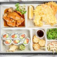 Box 5 · Kalbee (short rib), shrimp tempura, shrimp shumai, one choice of roll.
