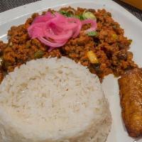 Picadillo · Ground beef & Spanish chorizo seasoned with green olives served with white rice & beans