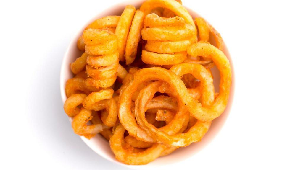 Curly Fries · Golden-brown, crispy fries.