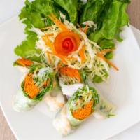 Summer Rolls · Two pieces. Vegetable, marinated chicken, and blanched shrimp wrapped in soft rice paper ser...