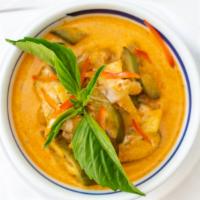 Red Curry · House red curry sauce prepared with coconut milk, young bamboo shoots, eggplants, long beans...