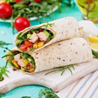 Bbq Wrap · Sliced barbequed chicken breast, romaine, Jack cheese and sun-dried tomatoes.