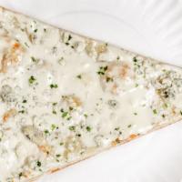 Garlic & Gorgonzola Cheese Pizza Slice · Toasted garlic & oil crust pizza topped with our creamy bleu cheese, Gorgonzola cheese, grat...