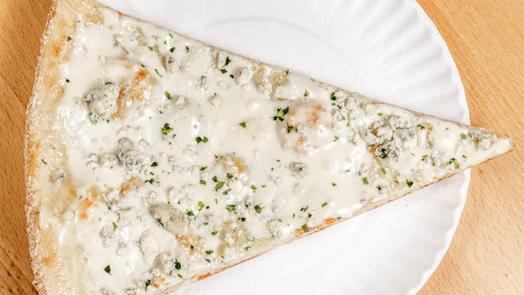 Garlic & Gorgonzola Cheese Pizza Slice · Toasted garlic & oil crust pizza topped with our creamy bleu cheese, Gorgonzola cheese, grated Parmesan, mozzarella & fresh chopped parsley.