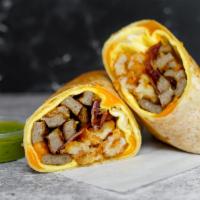 Bacon, Sausage, Egg, & Cheese Breakfast Burrito · 3 fresh cracked, cage-free scrambled eggs, melted cheese, smokey bacon, pork sausage, and cr...