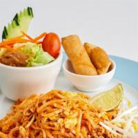 Pad Thai Lunch · Sautéed Thai rice noodles, egg, bean sprouts, scallions and crushed peanuts. Served with veg...