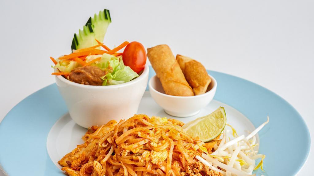 Pad Thai Lunch · Sautéed Thai rice noodles, egg, bean sprouts, scallions and crushed peanuts. Served with vegetable spring roll, salad and vegetable dumpling.