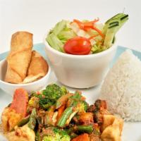 Pad King Dried Curry Lunch · Healthy low calories sautéed mixed veggies, tofu, basil, lime leaves in red dried curry spic...