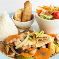 Veg Classic Ginger Lunch · Onions, celeries, bell peppers, carrots, baby corn, mushroom, scallions with ginger sauce. S...