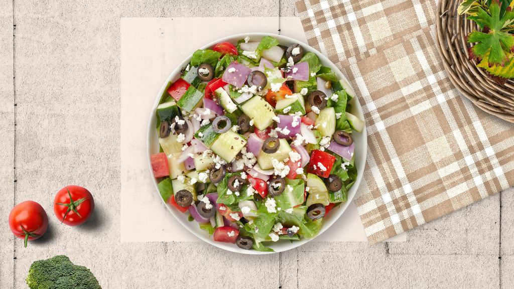 Nice To Greek Salad · Grilled chicken with romaine, tomatoes, bell peppers, onions, Kalamata olives, cucumbers, oregano, olive oil, white vinegar, and feta cheese.