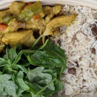 Curried Chicken Rice Bowl · Curried chicken thighs red & green peppers coconut rice & peas arugula salad