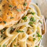 Chicken Francese · Egg battered in a lemon and white wine butter sauce. Served with pasta