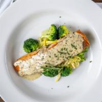 Salmone Alla Florentina · Pan seared atlantic salmon in a grain mustard sauce with brandy & a touch of cream served wi...
