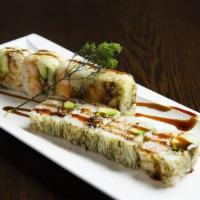 Tiger Roll · Shrimp tempura, eel and avocado with konbu seaweed.