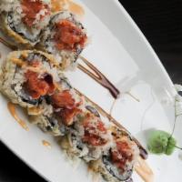 Crab Summer Roll · Deep fried shrimp, crab and asparagus, topped with spicy tuna, eel sauce and spicy mayo.