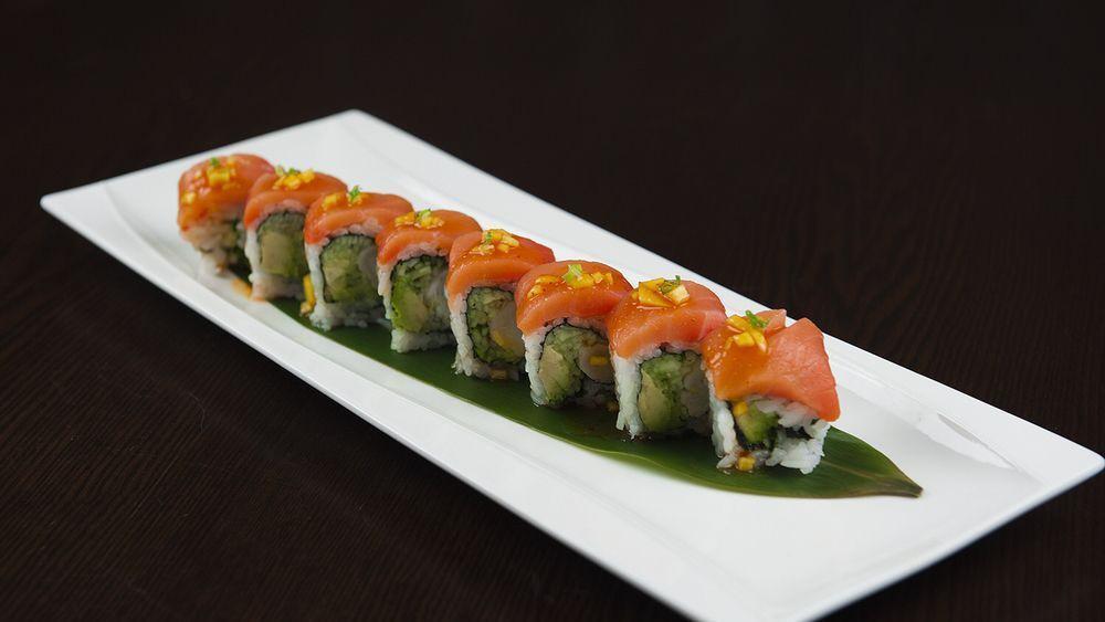 Passion Lobster Roll · Steamed lobster, avocado and cucumber, smoked salmon on top with sweet and sour mango salsa sauce.