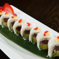 Angry Tuna Roll · Seared pepper tuna, mango and avocado, topped with seared white tuna, fish roe and special s...
