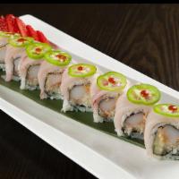Amazing Yellowtail Roll · Spicy crabmeat, cucumber and crunch, masago, topped with yellowtail, jalapeño and chili sauce.