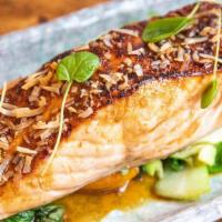 Atlantic Salmon · baked salmon with bean paste, sugar snap pea, carrot, baby bok choy and caramel soy sauce