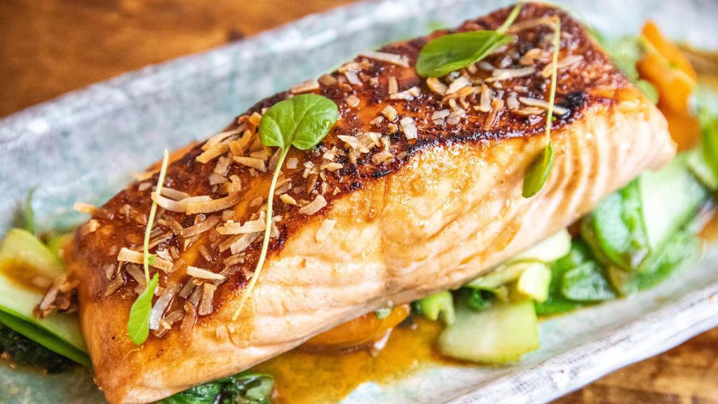 Atlantic Salmon · baked salmon with bean paste, sugar snap pea, carrot, baby bok choy and caramel soy sauce