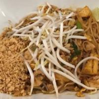 Pad Thai Noodles (Not Spicy) · Thin rice noodles, egg, bean sprout, tofu, scallion, chopped peanut, and tamarind sauce.