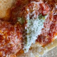 Spicy Meatball Parm · Homemade mozzarella, Basil, San Marzano tomato sauce, Pecorino, cherry peppers, calabrian ch...