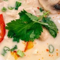 Tom Kha · Gluten-free. (Choice of chicken or vegetables) Aromatic herbs, mildly spiced, coconut milk s...