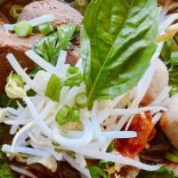 Thai Beef Stew (Kuay Teaw Neua Nam Tok) · Stewed beef chunks, beef ball, vermicelli, basil, Chinese broccoli, bean sprout, scallion, g...