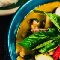 Green Curry With Vermicelli · Spicy. Green curry paste, bamboo shoot, string bean, eggplant, zucchini, carrot, bell pepper...