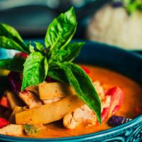 Red Curry · Spicy. Red curry paste, bamboo shoot, eggplant, carrot, bell pepper, basil, coconut milk, se...