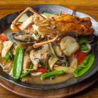 Pad Cha · Spicy. Sautéed mixed seafood w/ white wine, mushroom, long hot pepper, lime leaf, carrot, on...