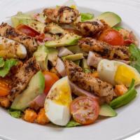 Grilled Chicken Cobb Salad · Fresh Salad made with Grilled chicken, bacon, romaine lettuce, cherry tomatoes, bell peppers...
