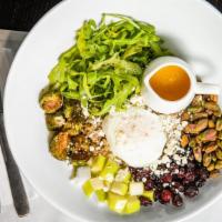 Honest Harvest · Gluten free. Quinoa, roasted brussel sprouts, arugula, green apple, pistachios, and dried cr...